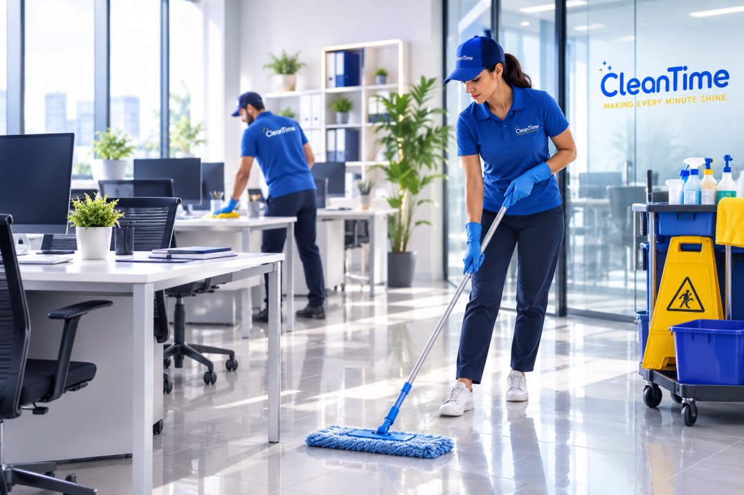 Clean Time team cleaning a modern office workspace